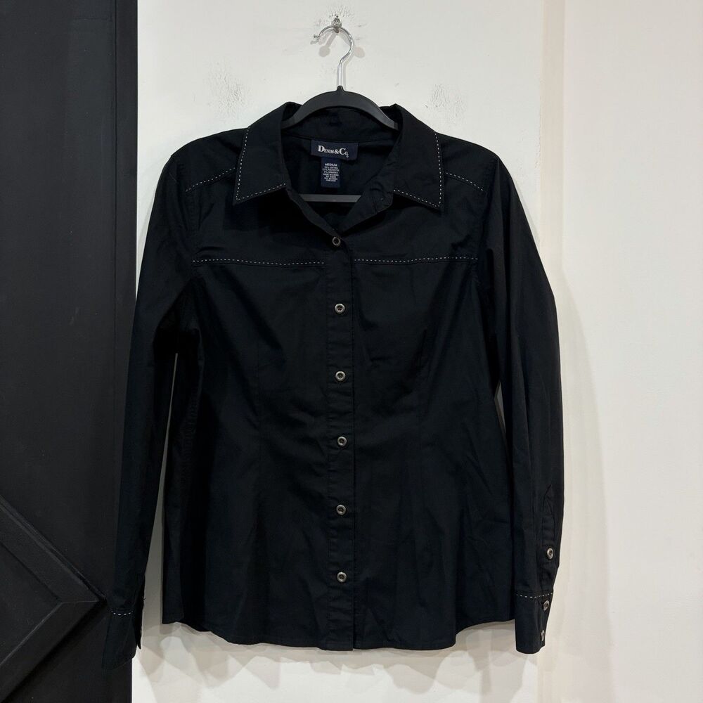 Denim & Co Black White Contrast Stitching Button Up Blouse Medium Western Cotton